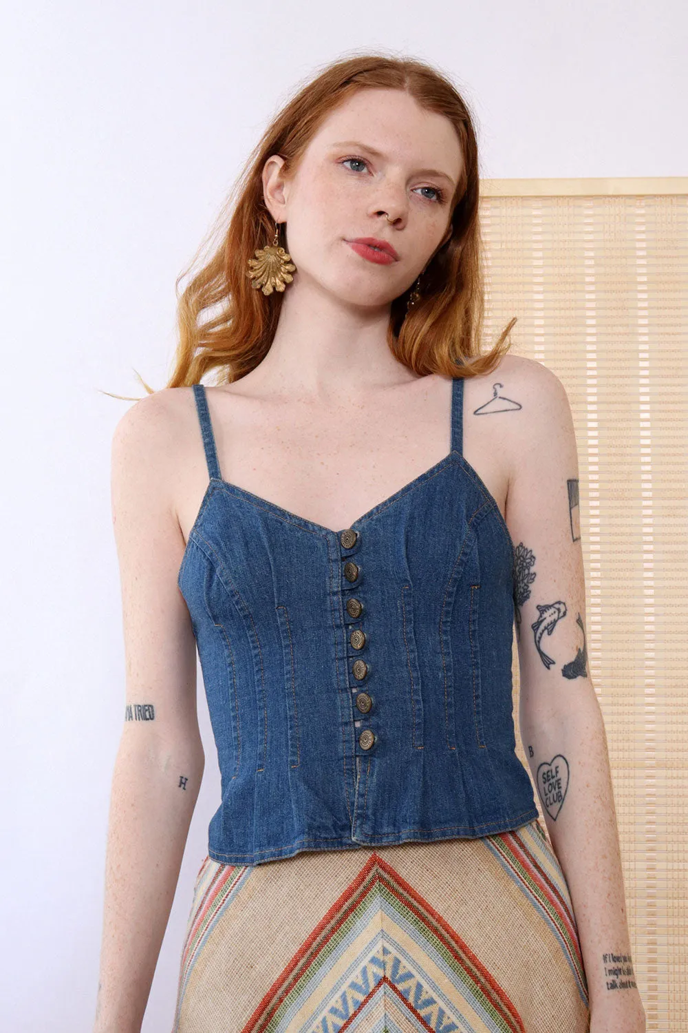 70s Denim Button Bustier XS