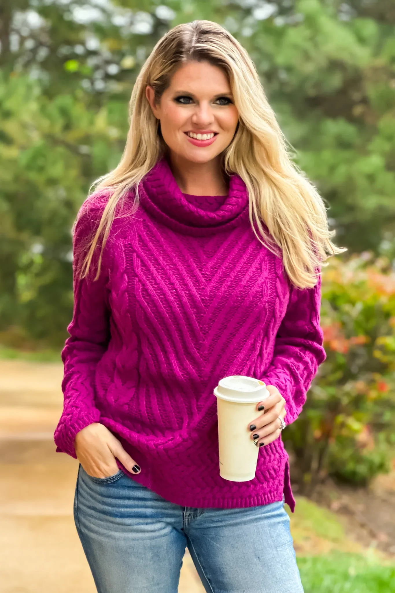 A True Beauty Mixed Cable Knit Turtleneck Sweater : Magenta