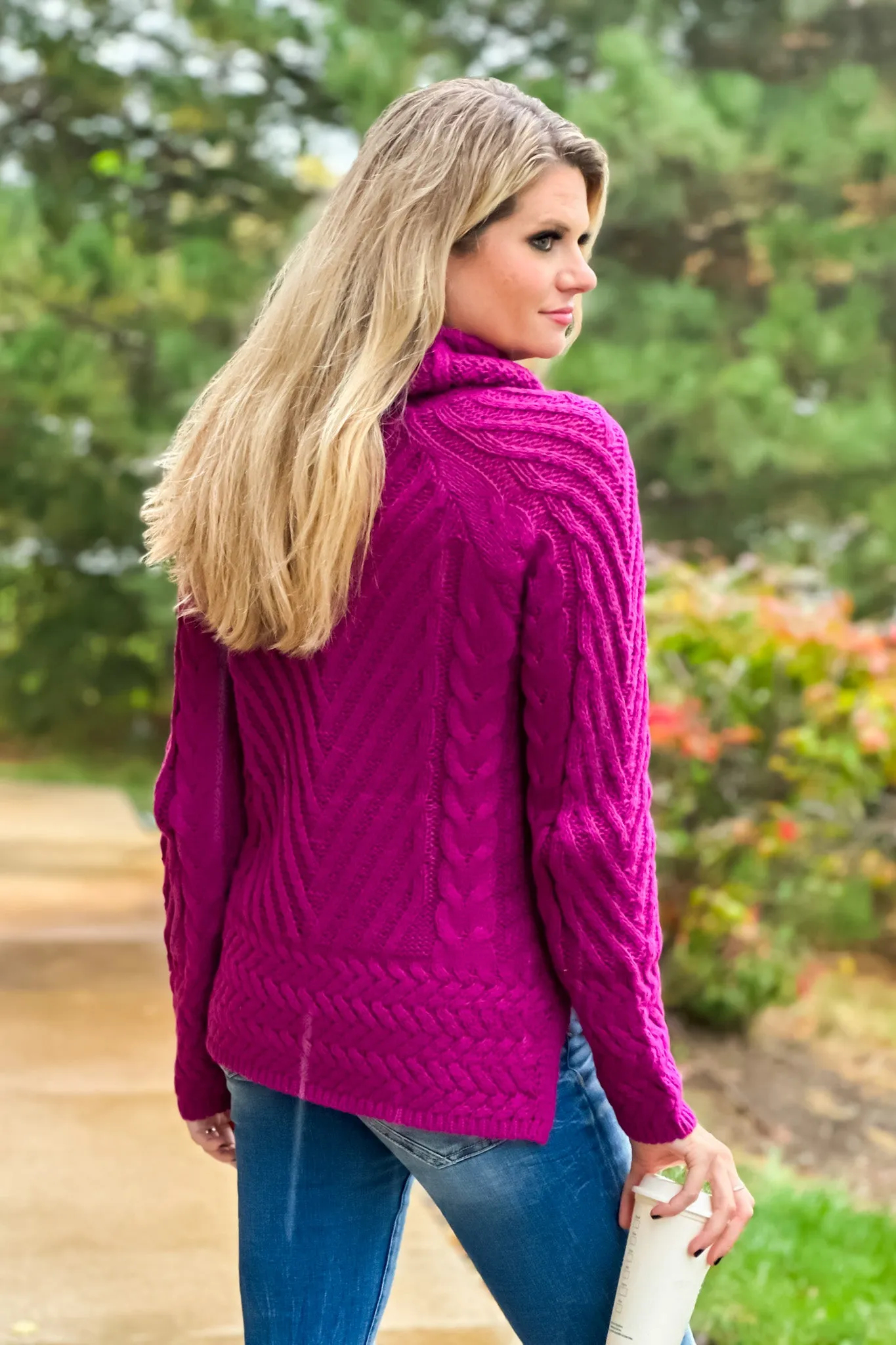 A True Beauty Mixed Cable Knit Turtleneck Sweater : Magenta