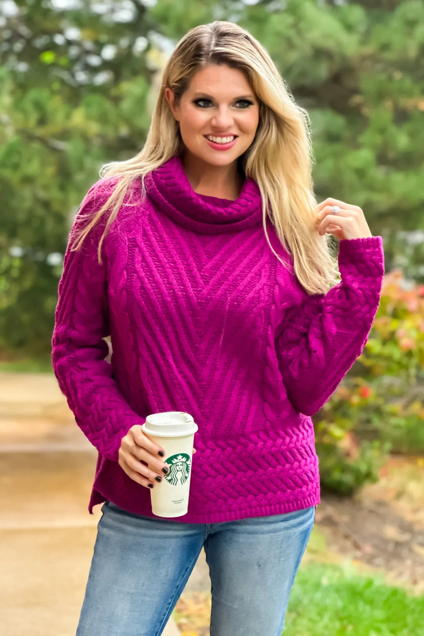 A True Beauty Mixed Cable Knit Turtleneck Sweater : Magenta