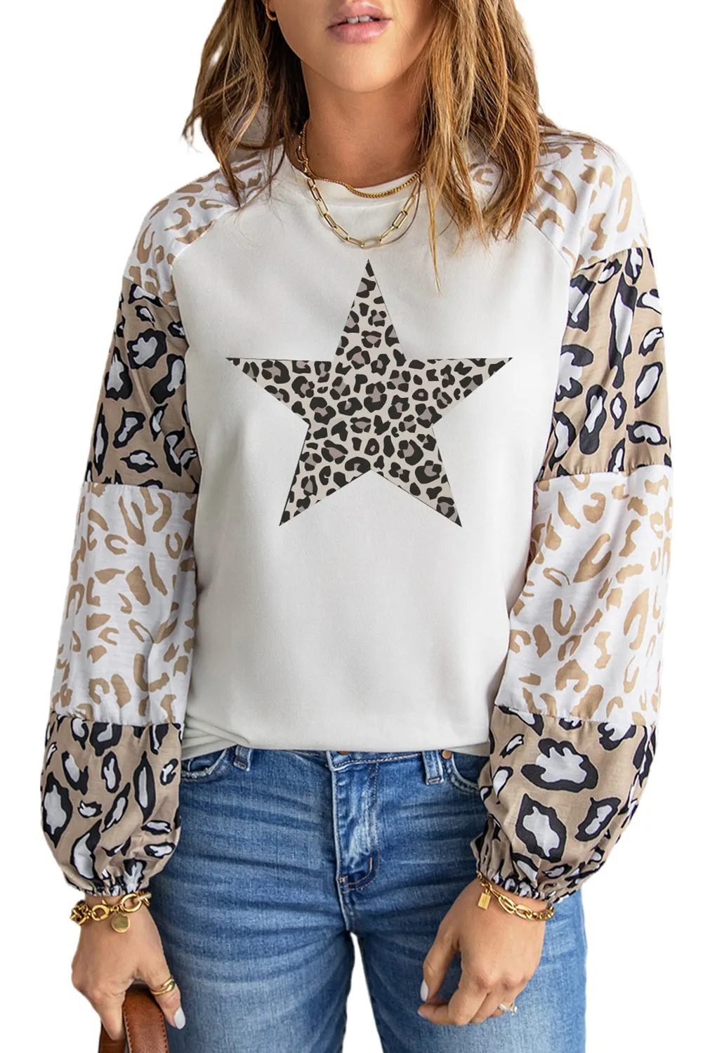 Beige Leopard Print Bubble Sleeve Top