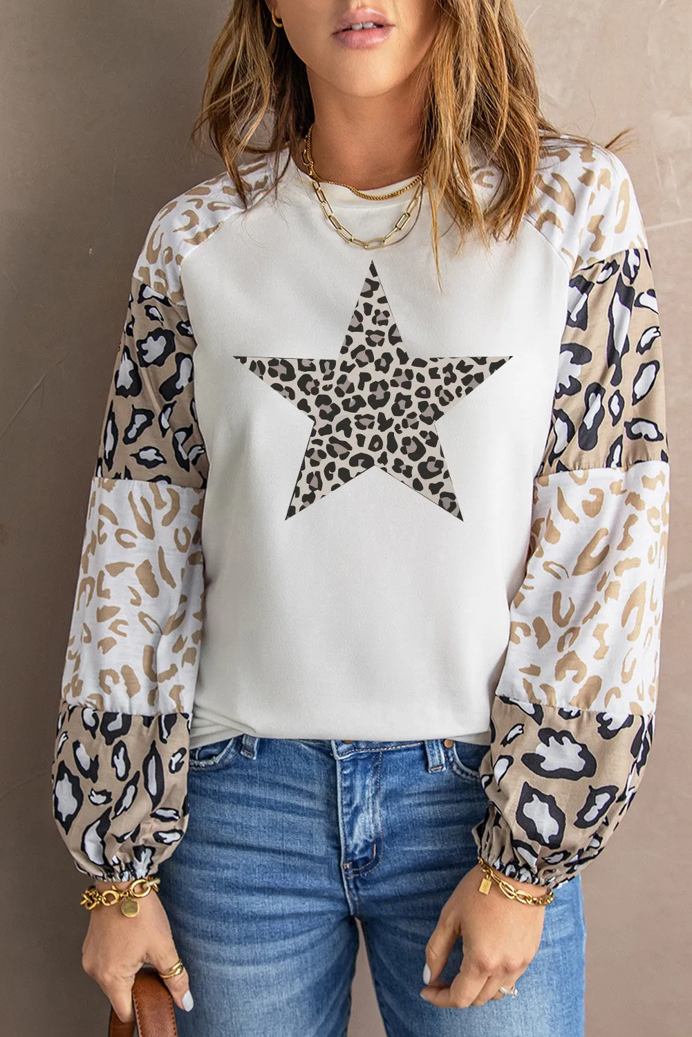 Beige Leopard Print Bubble Sleeve Top