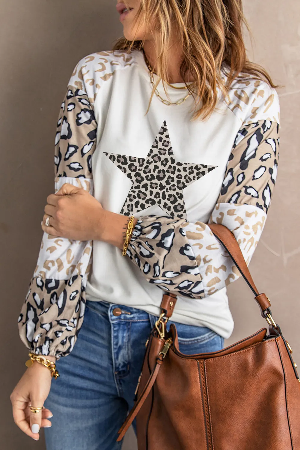 Beige Leopard Print Bubble Sleeve Top