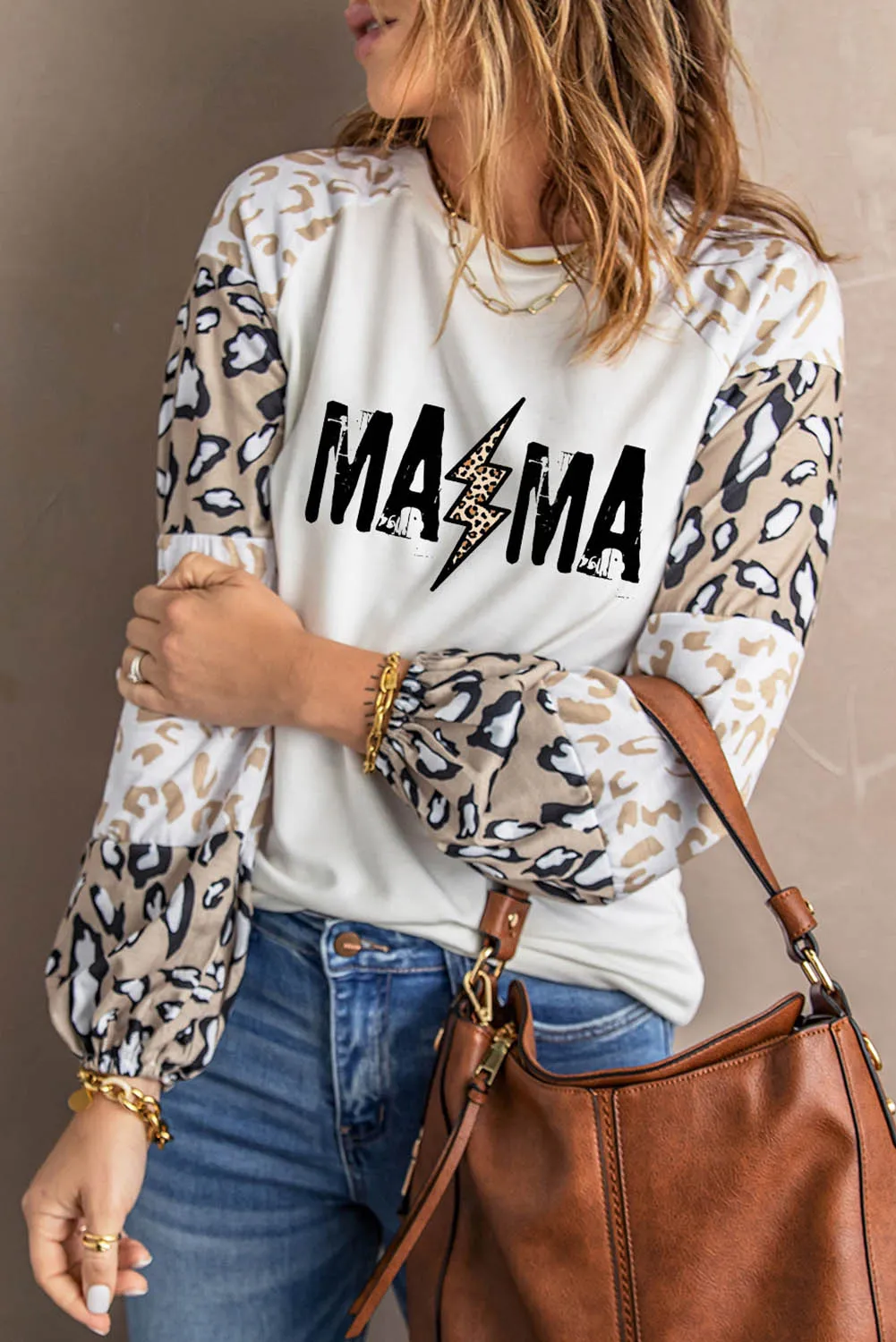 Beige Leopard Print Bubble Sleeve Top