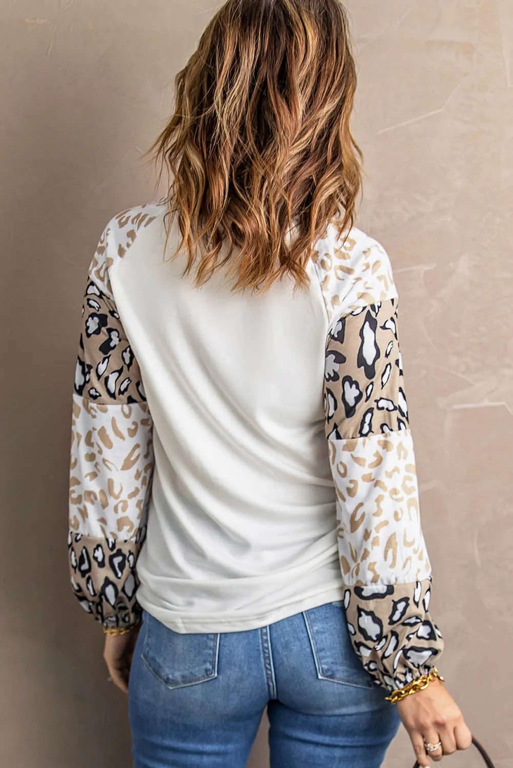 Beige Leopard Print Bubble Sleeve Top