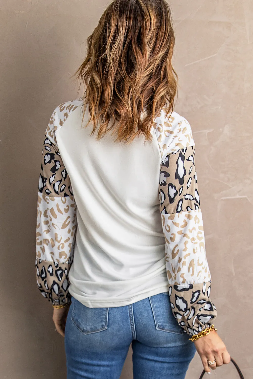 Beige Leopard Print Bubble Sleeve Top