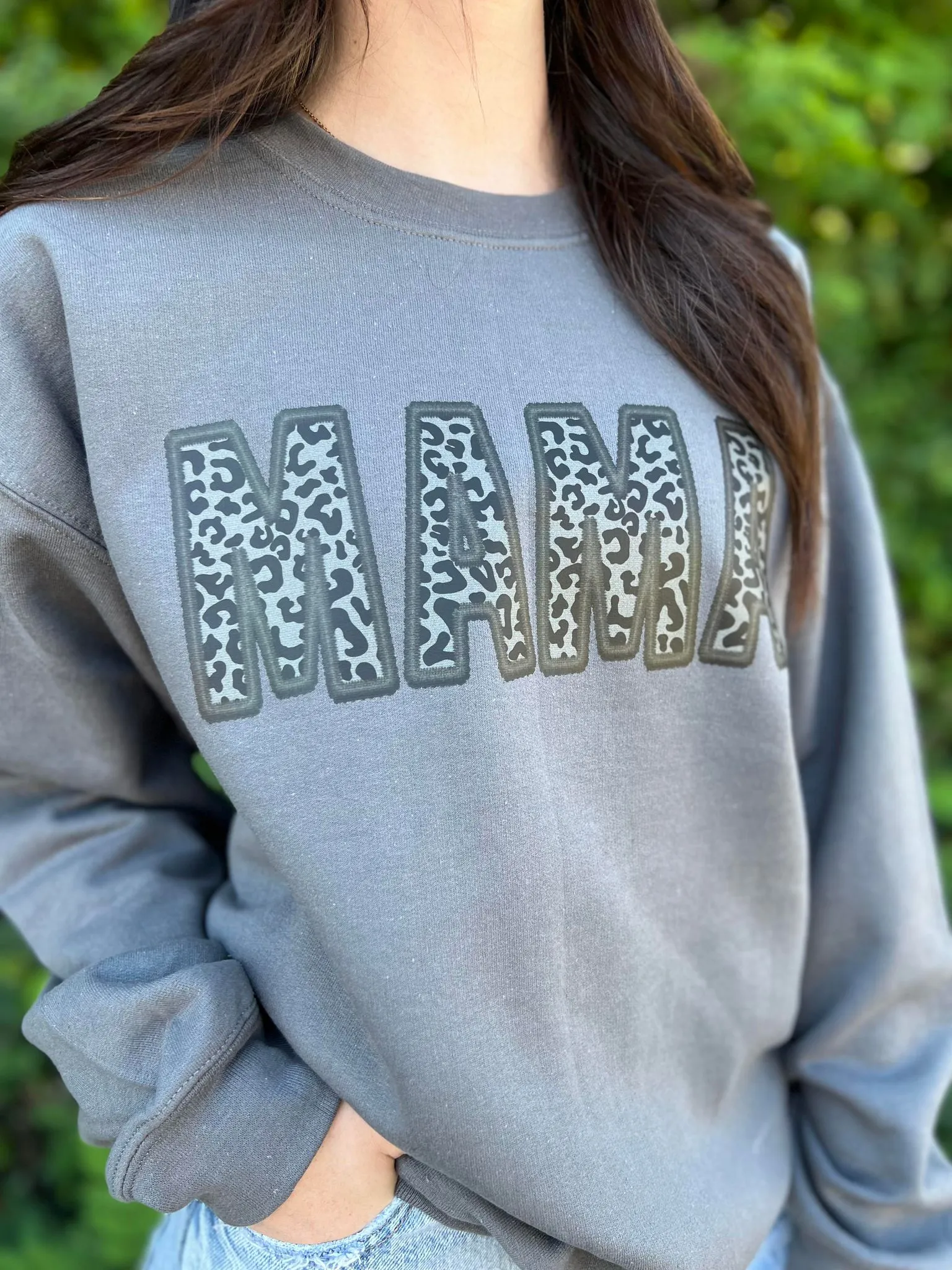 Black Leopard Mama Faux Embroidery Sweatshirt