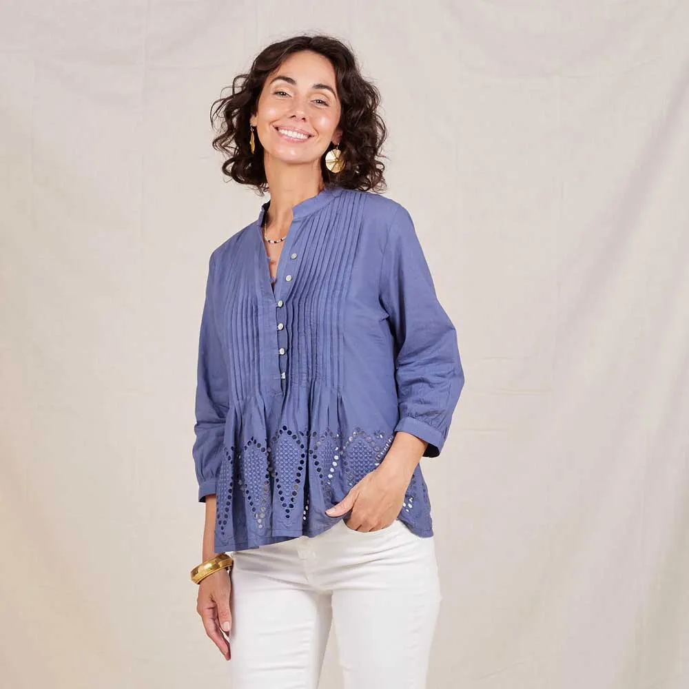 Blue Pintuck Tunic With Eyelet Hem