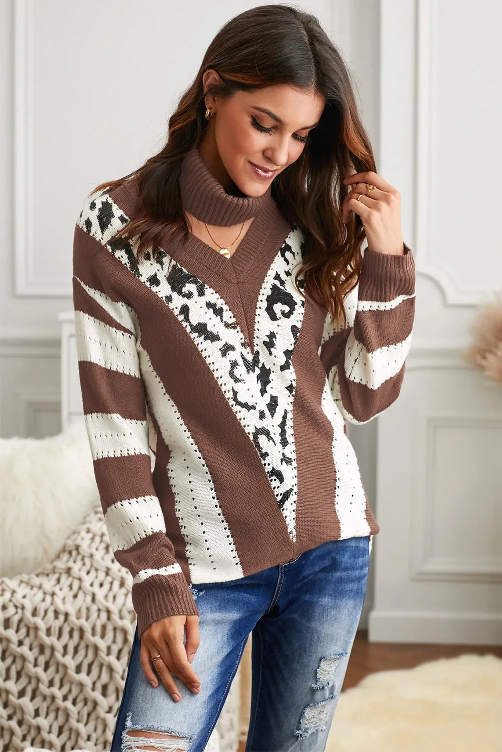 Brown White Striped V Neck Sweater