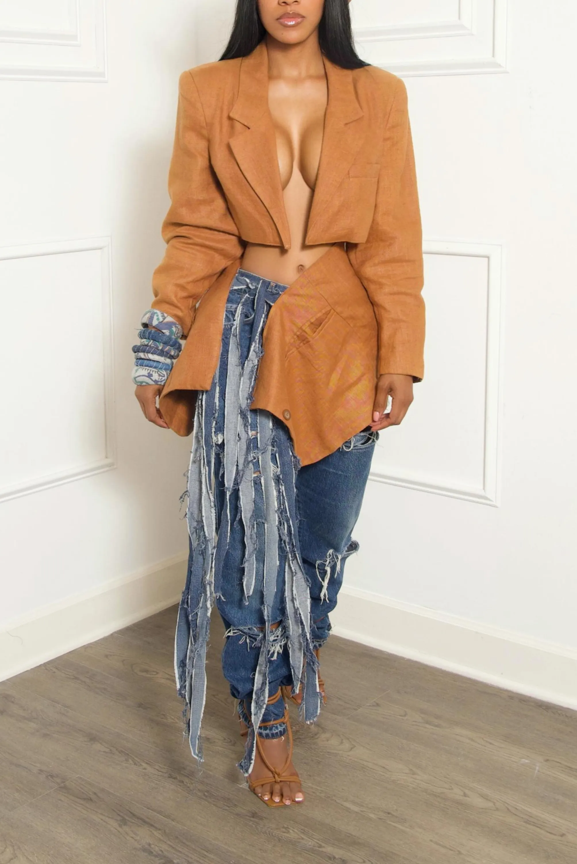 Burnt orange Vintage Two piece suit Denim fringe S/M