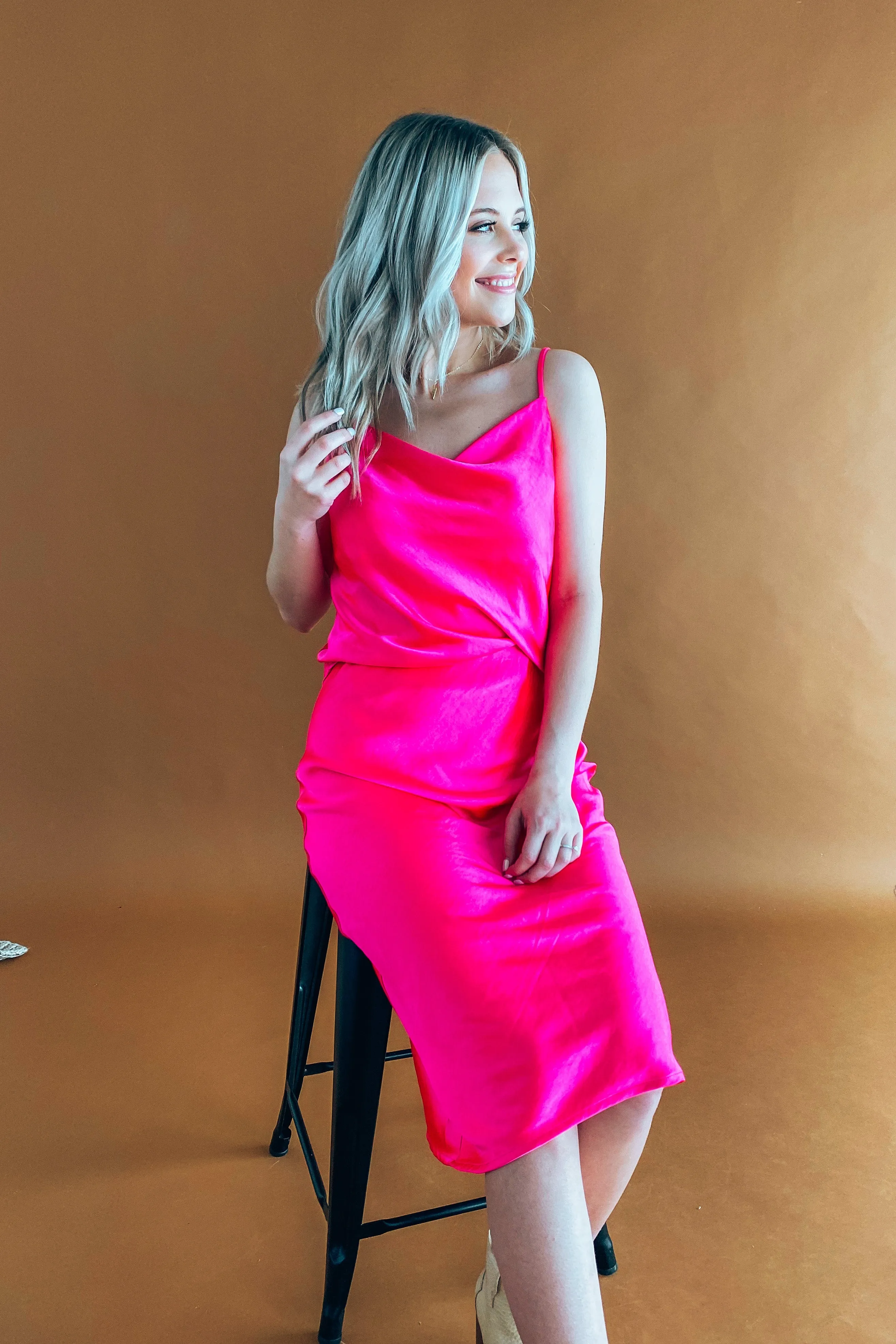 Carmen Electric Pink Cowl Neck Satin Cami