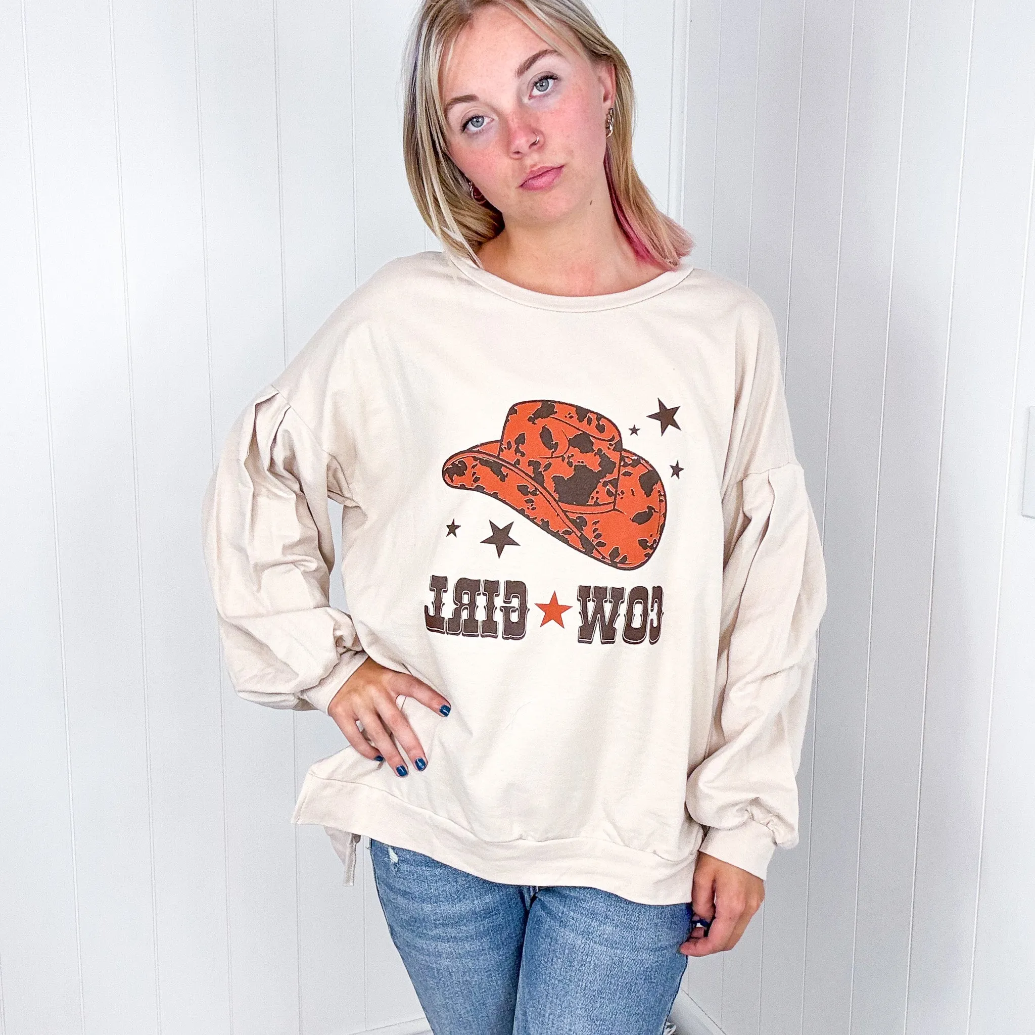 Cream Cow Girl Graphic Open Hemline Pullover