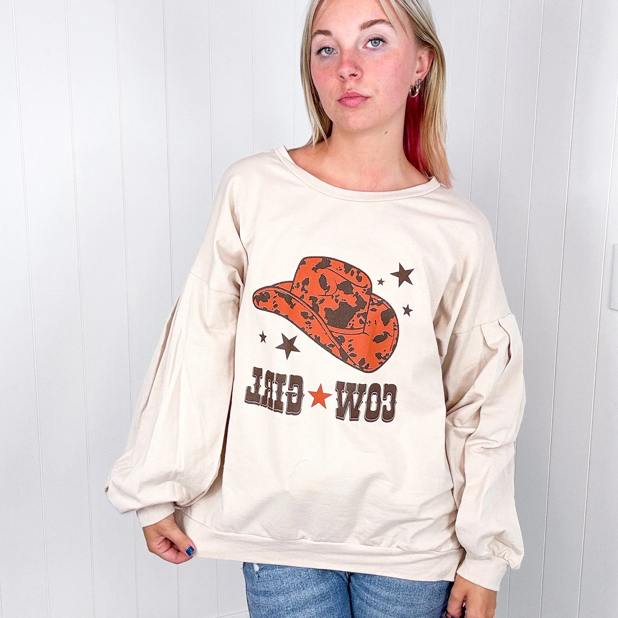 Cream Cow Girl Graphic Open Hemline Pullover