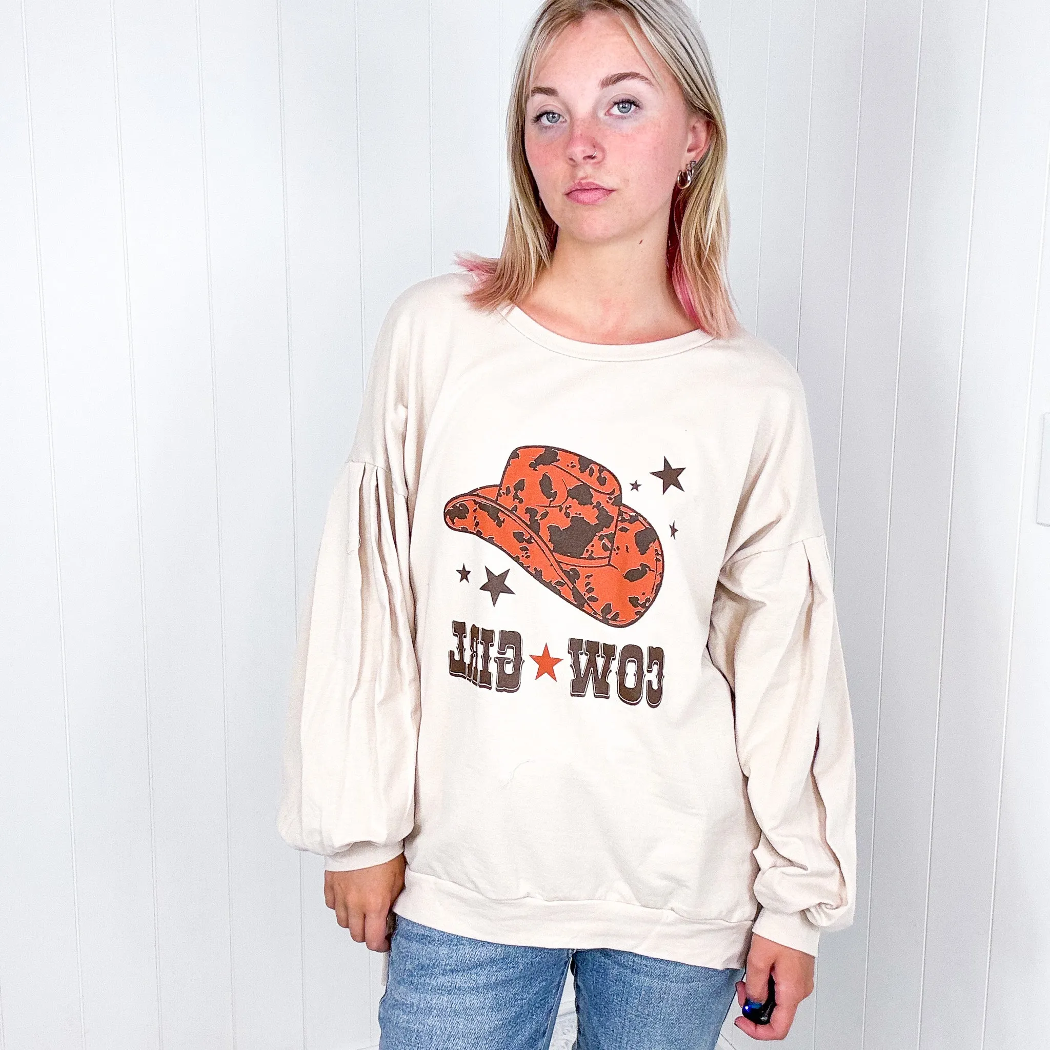 Cream Cow Girl Graphic Open Hemline Pullover