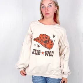 Cream Cow Girl Graphic Open Hemline Pullover