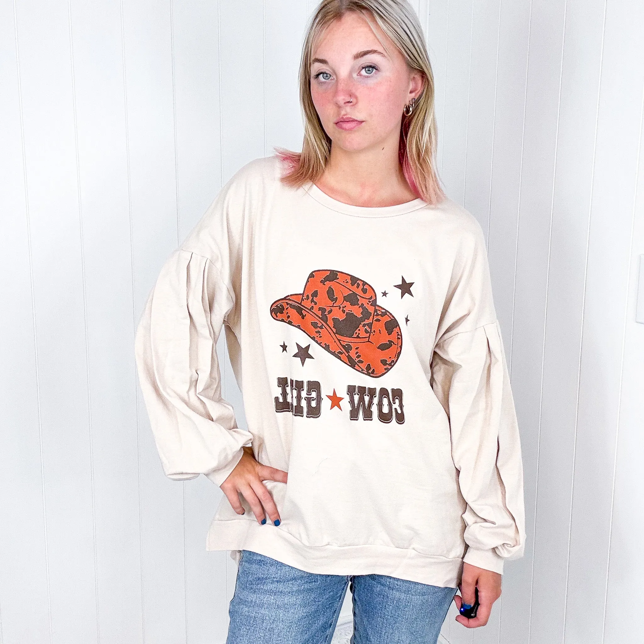 Cream Cow Girl Graphic Open Hemline Pullover