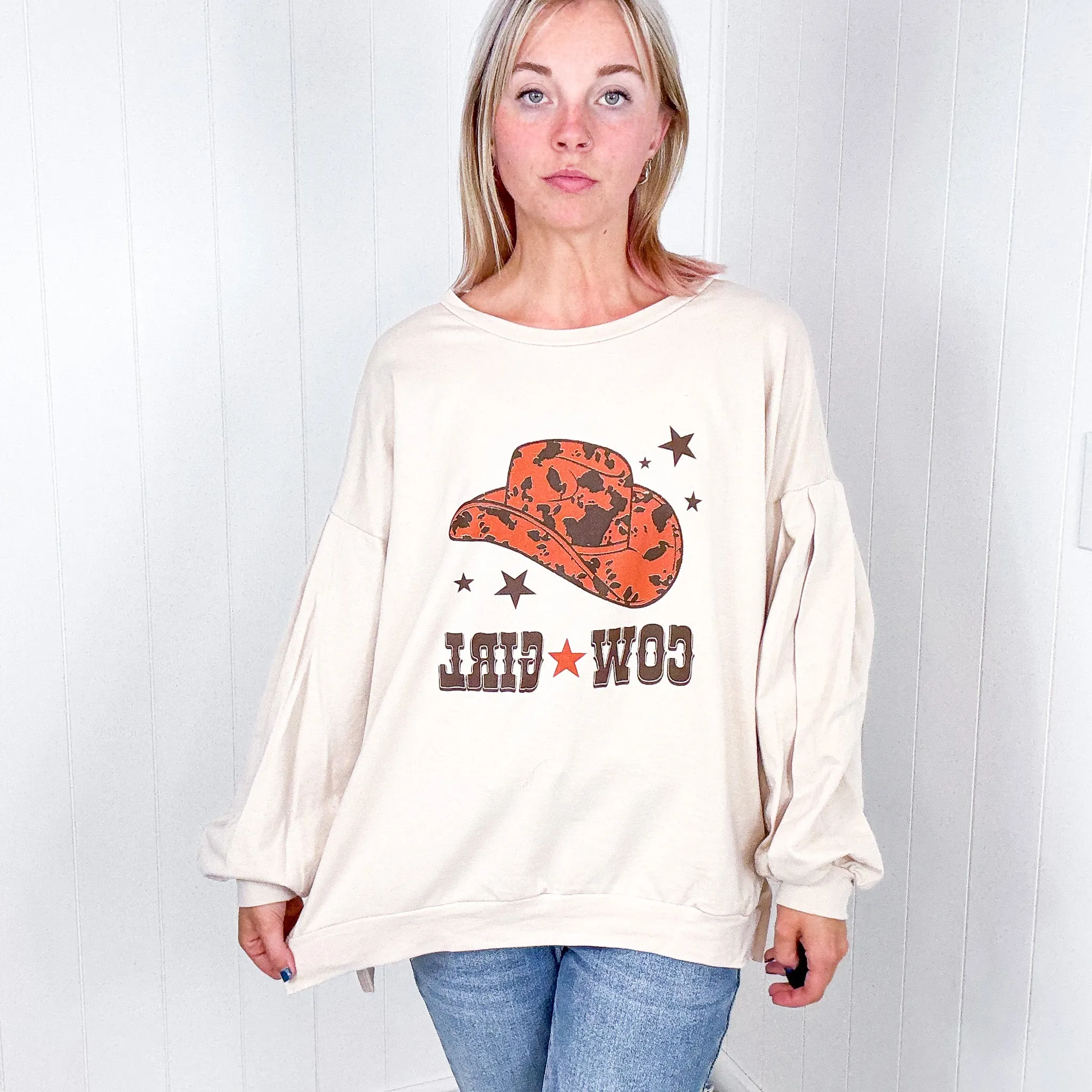 Cream Cow Girl Graphic Open Hemline Pullover