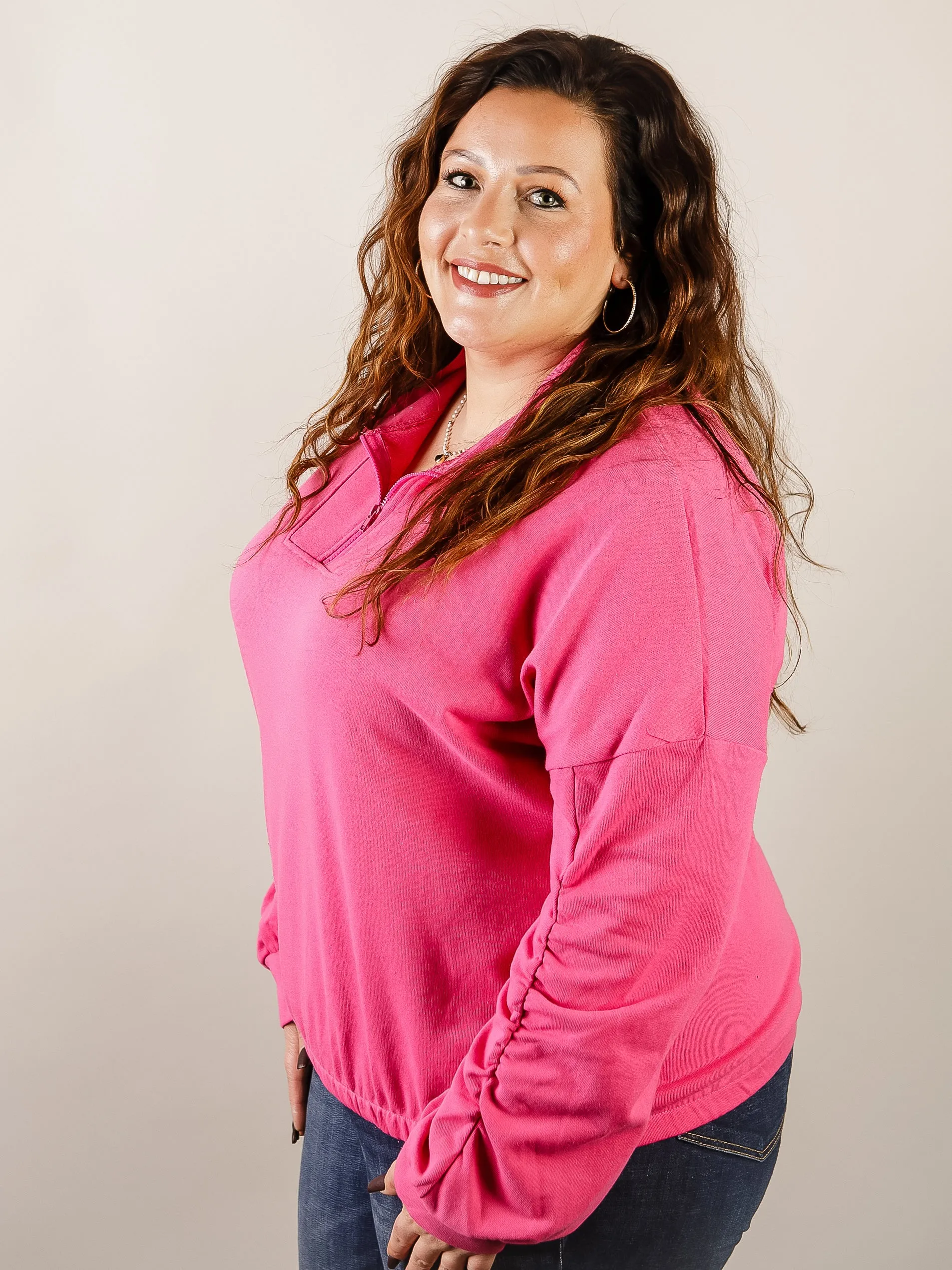 Curvy Hot Pink Quarter Zip Pocket Pullover