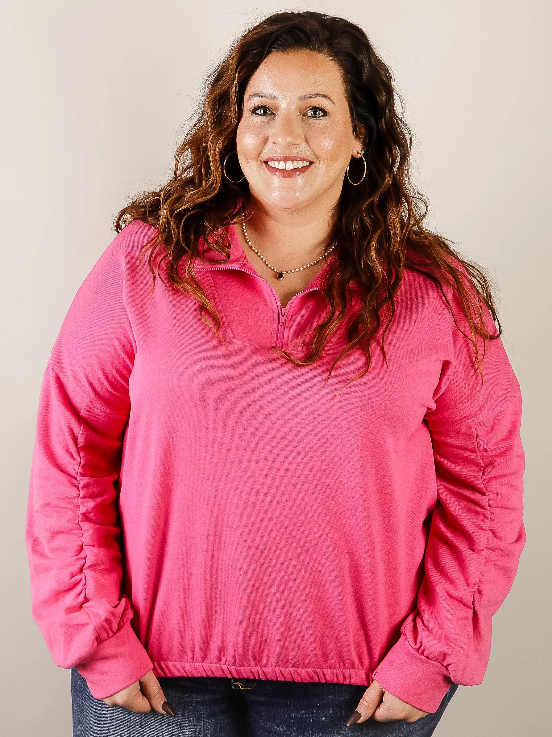 Curvy Hot Pink Quarter Zip Pocket Pullover