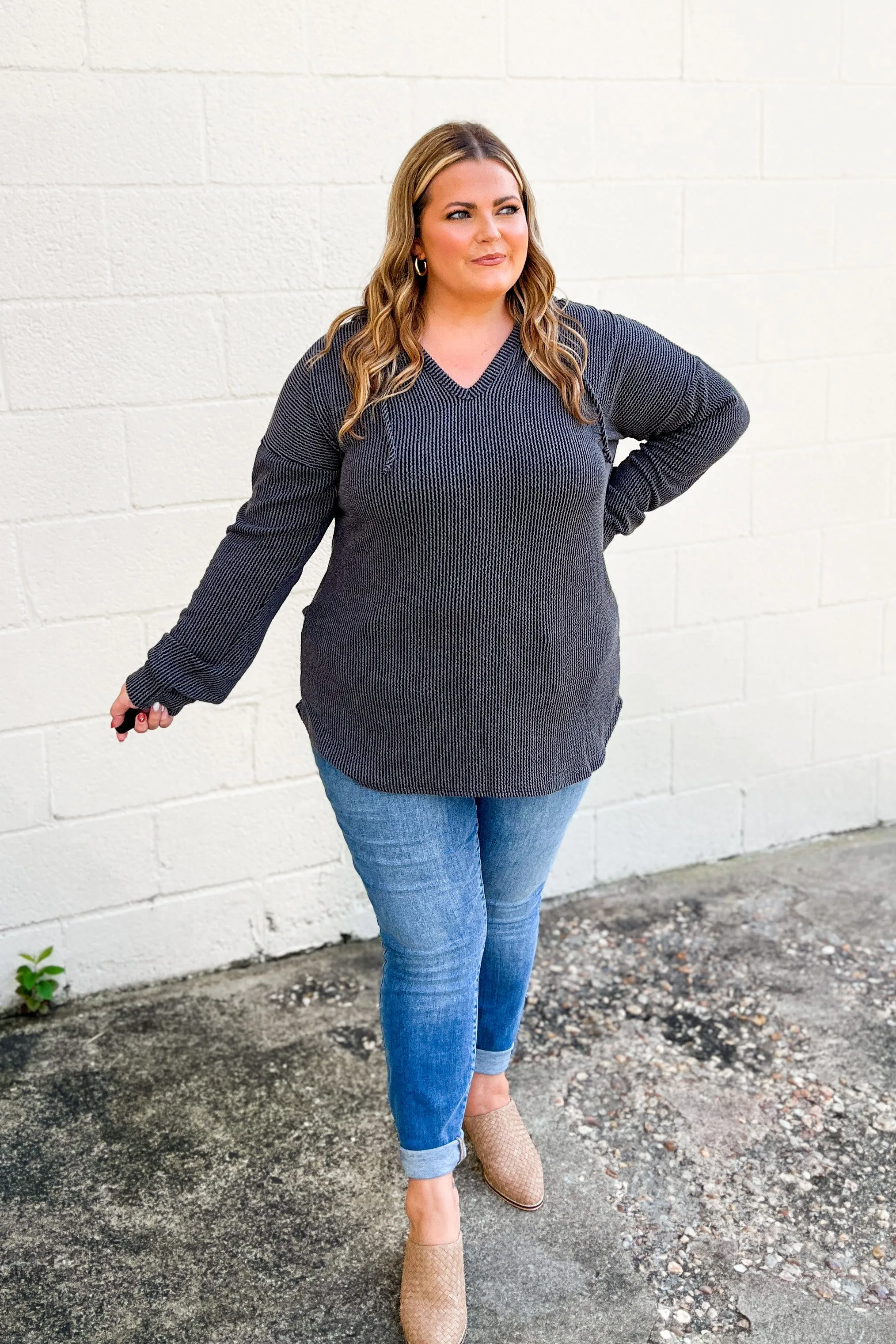 Daily Efforts Ribbed Hoodie Top, Charcoal