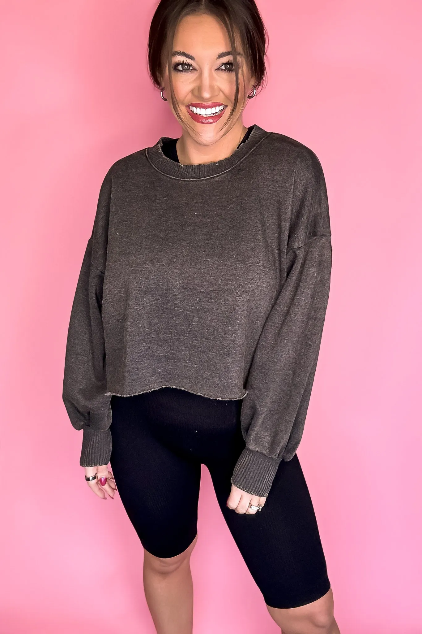 Dream It Ash Black Acid Wash Fleece Cropped Pullover Top