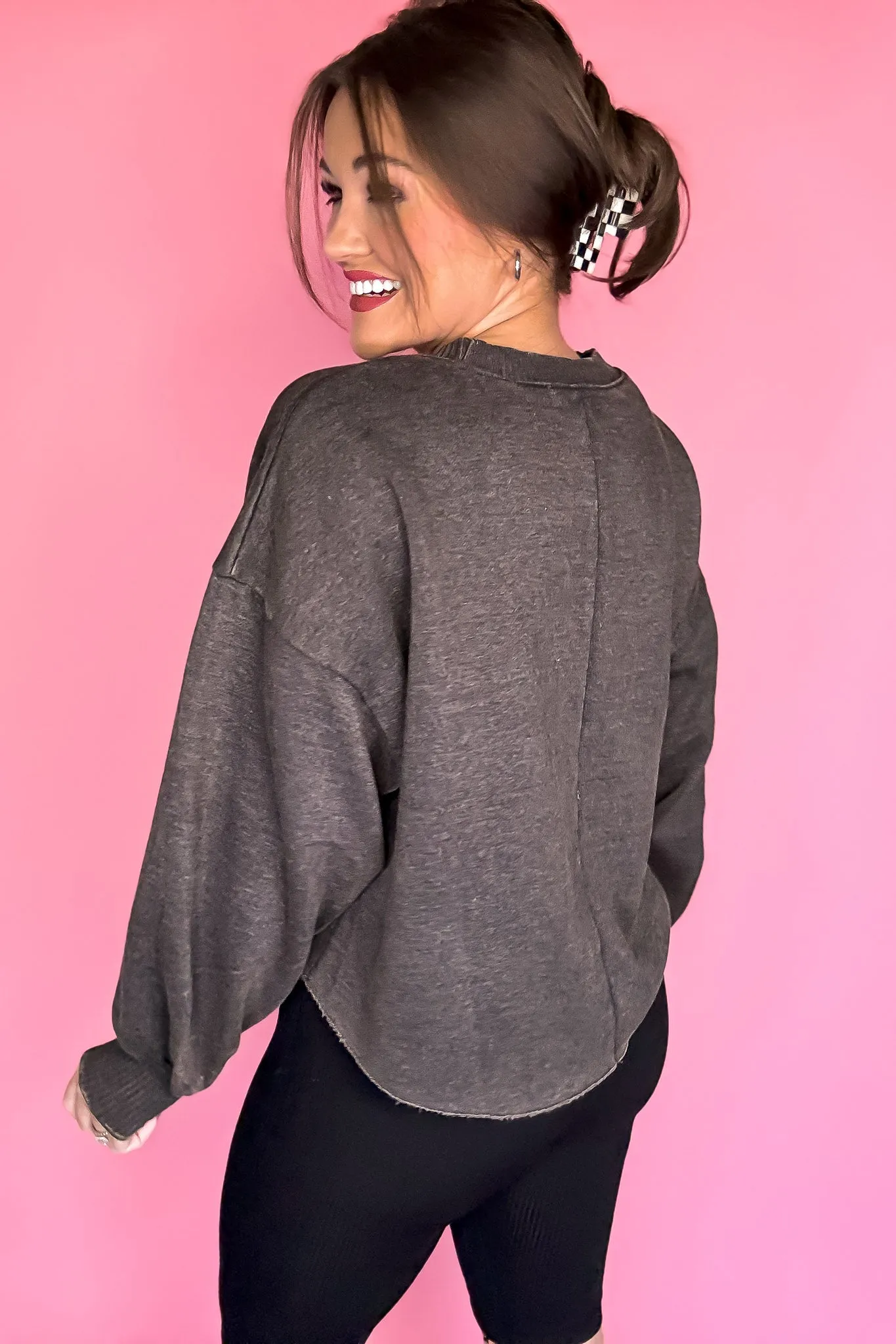 Dream It Ash Black Acid Wash Fleece Cropped Pullover Top