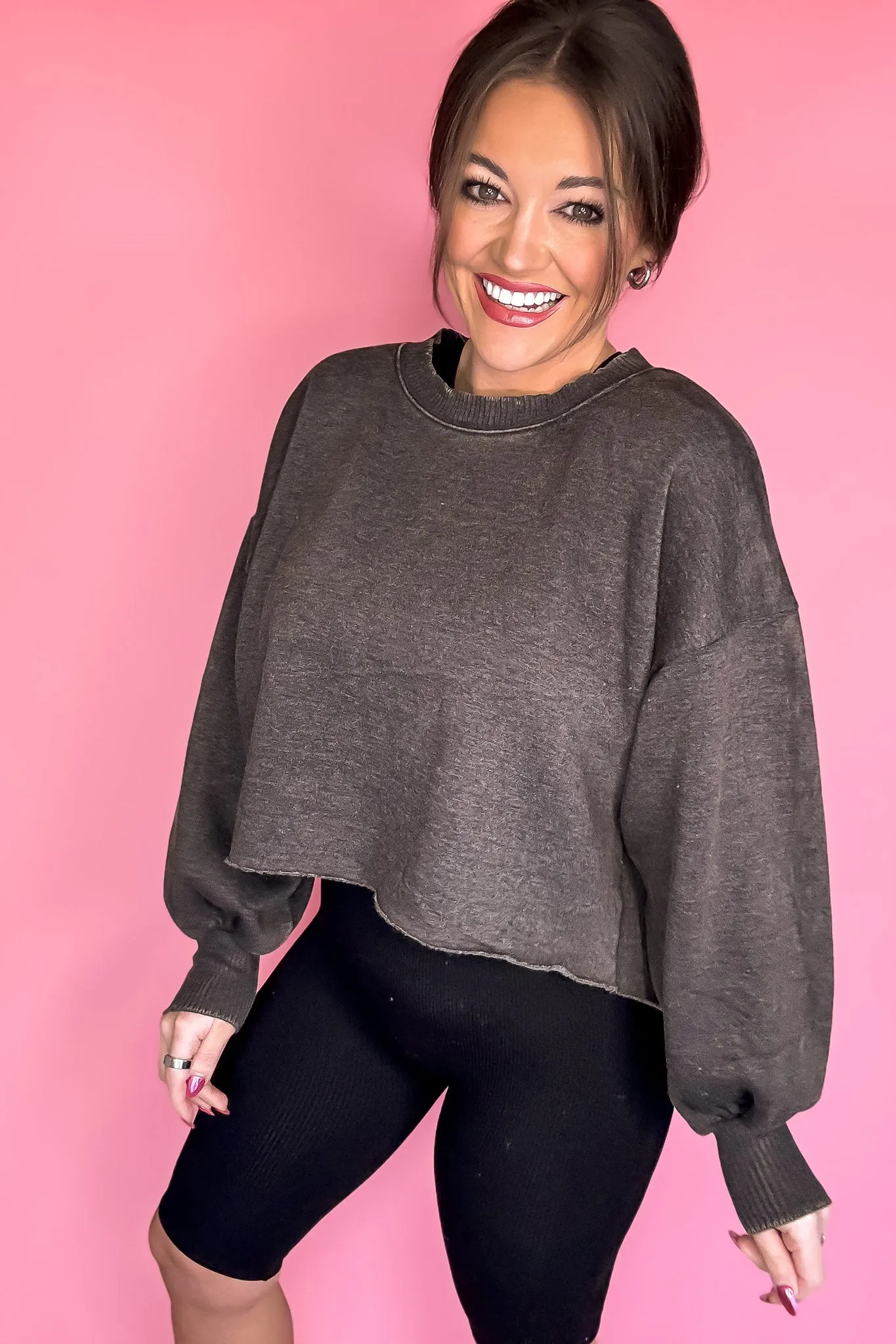 Dream It Ash Black Acid Wash Fleece Cropped Pullover Top