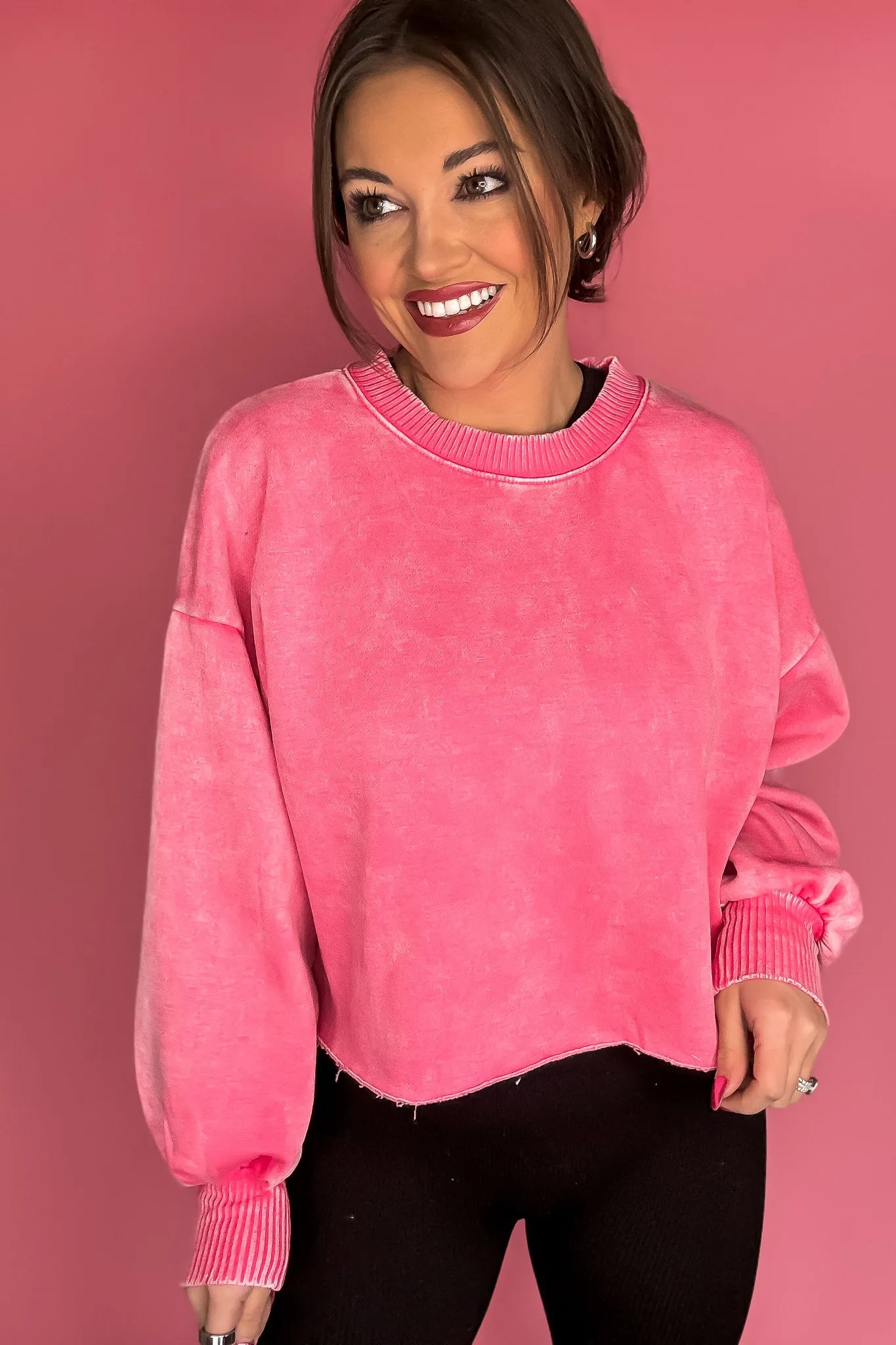 Dream It Fuchsia Acid Wash Fleece Cropped Pullover Top