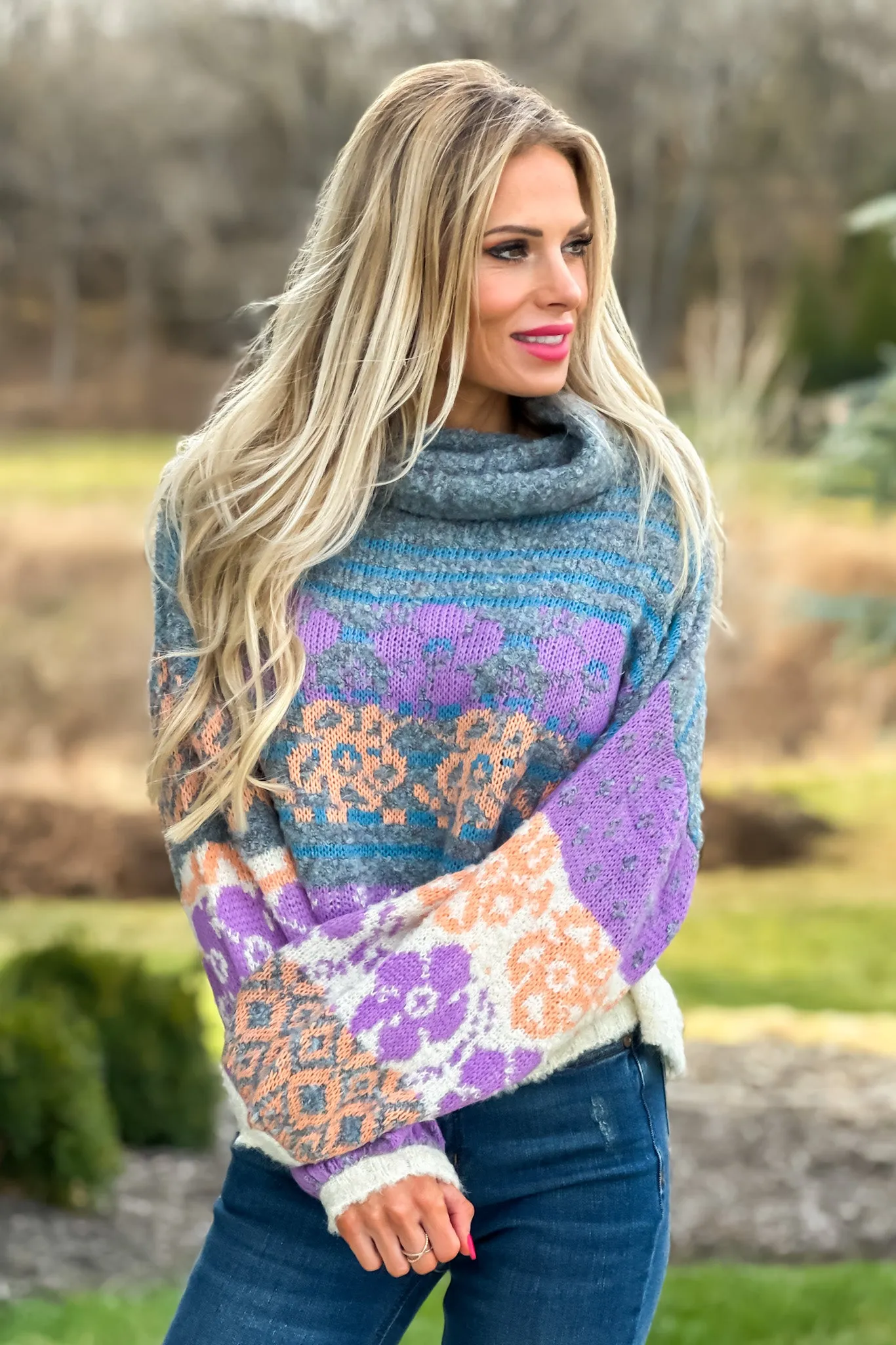 Easy On The Heart Fuzzy Turtleneck Sweater : Grey/Blue/Lavender