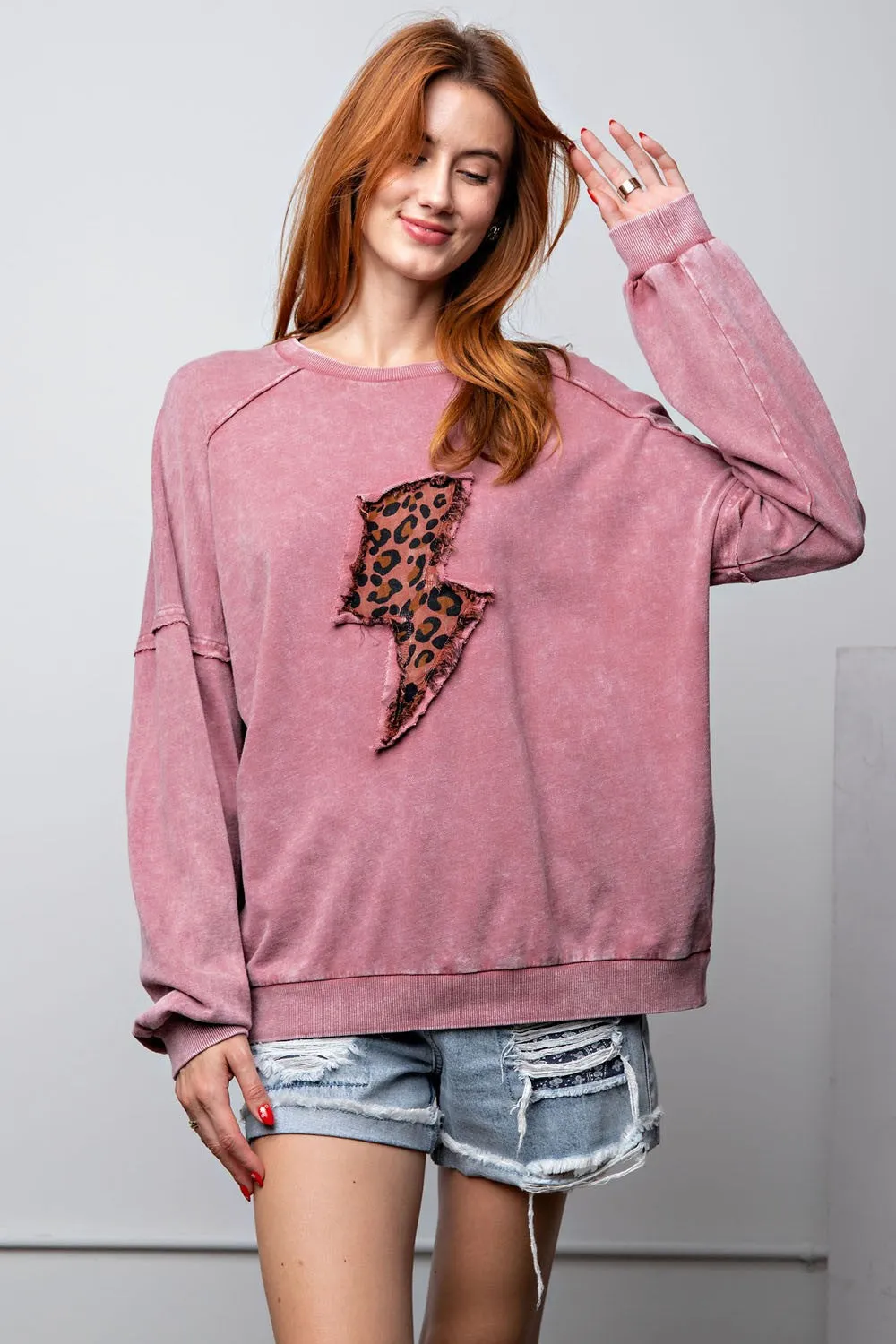 Feeling Edgy Leopard Lightning Bolt Pullover, Faded Plum