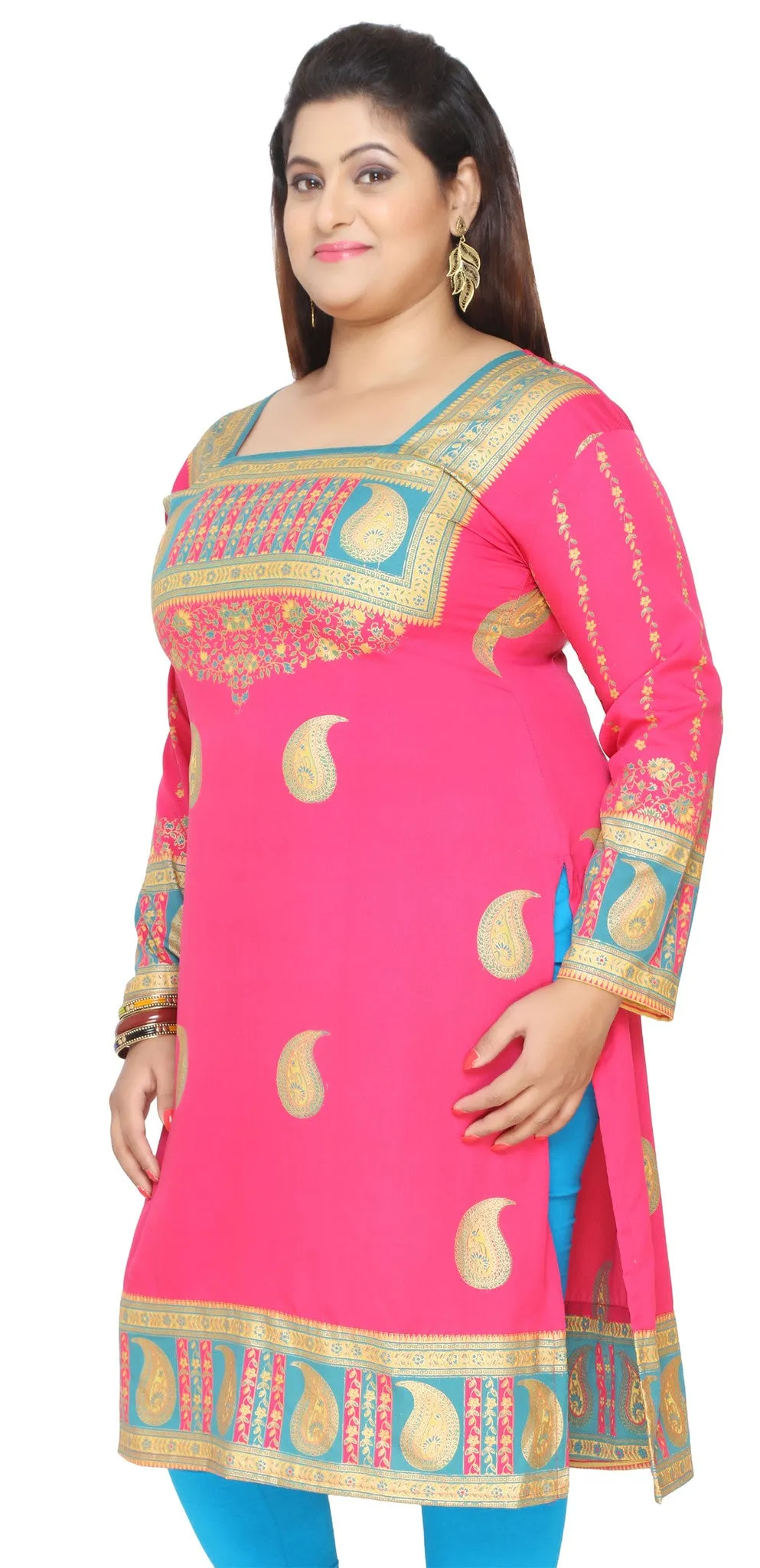 India Tunic Long Top Kurti Womens Plus Size Indian Clothes (Pink)