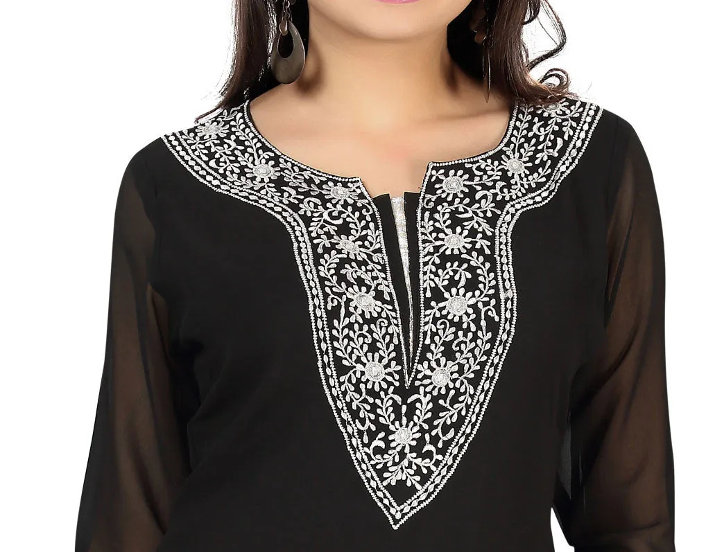 Indian Long Kurti Top Tunic Embroidered Womens India Clothes (Black)