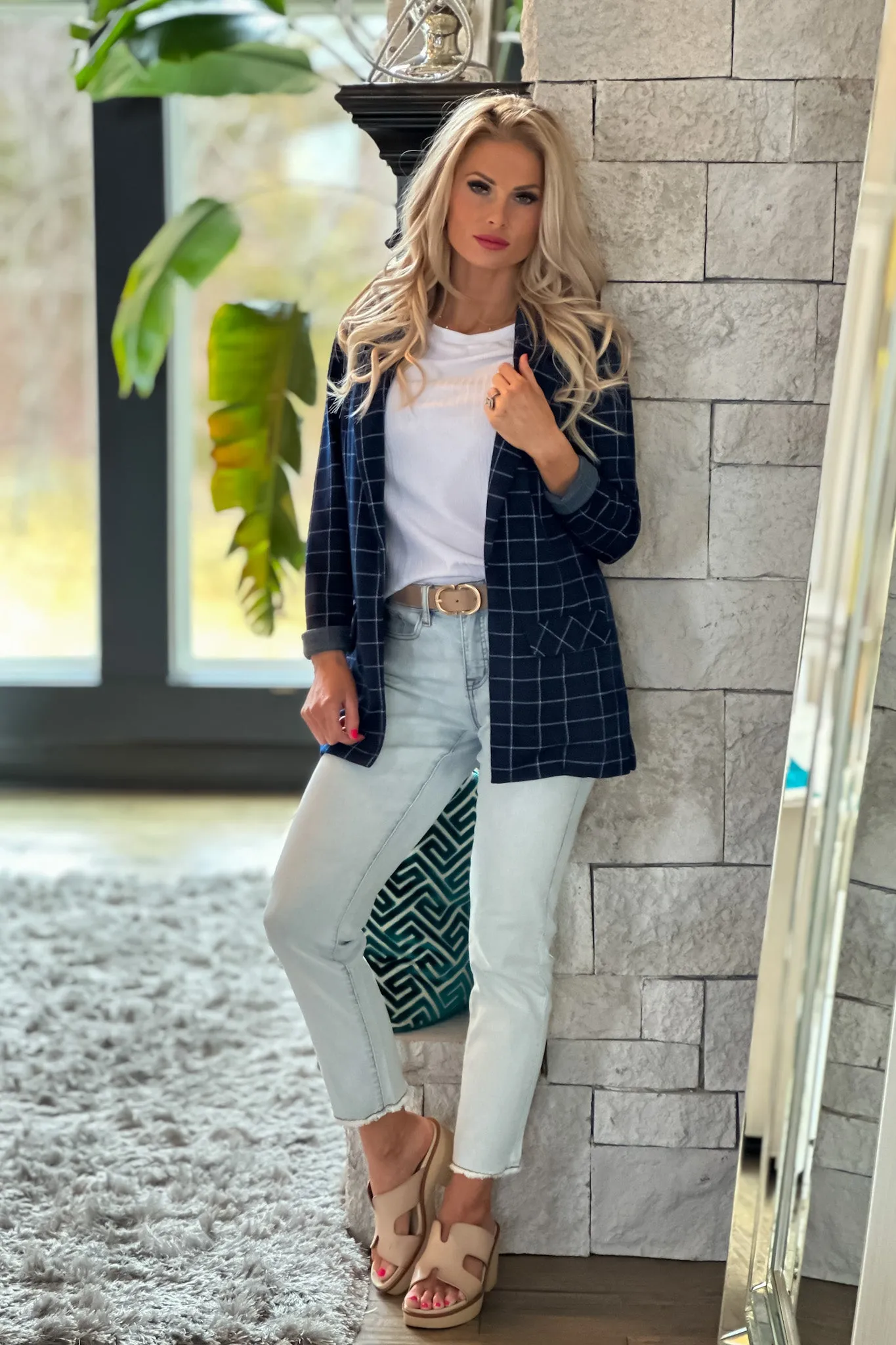 Liverpool Federal Boyfriend Plaid Blazer : Navy