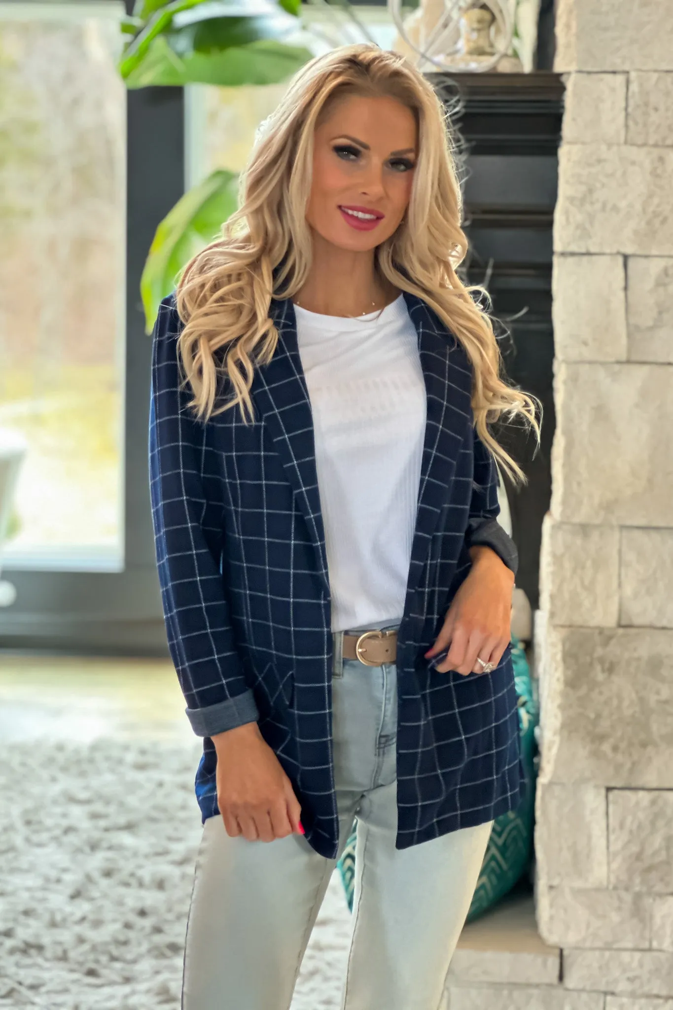 Liverpool Federal Boyfriend Plaid Blazer : Navy