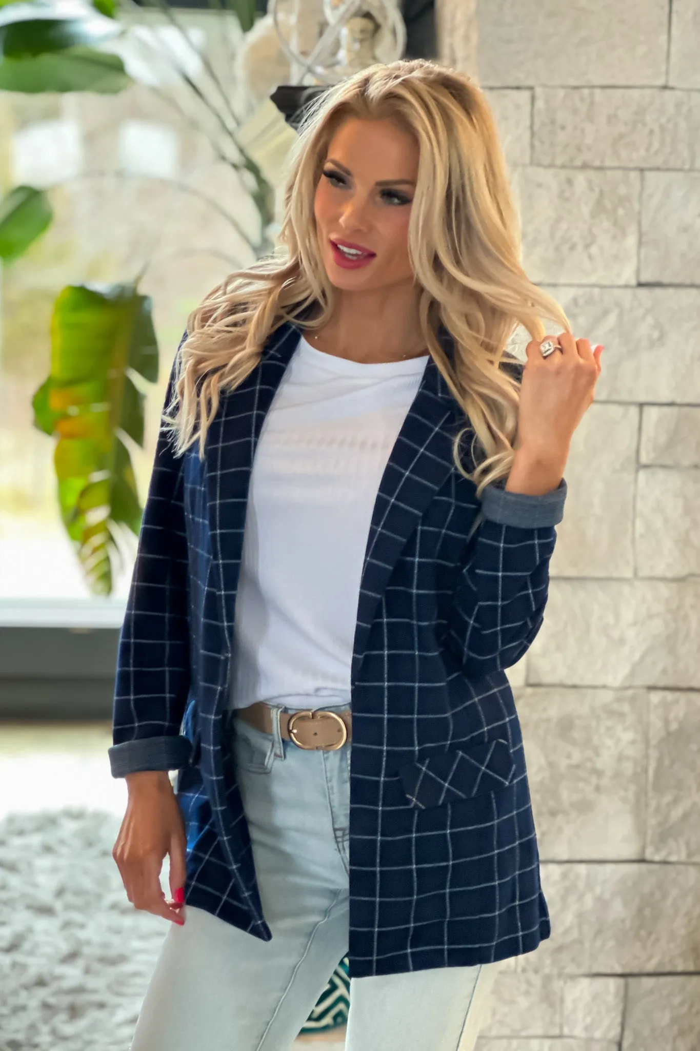 Liverpool Federal Boyfriend Plaid Blazer : Navy