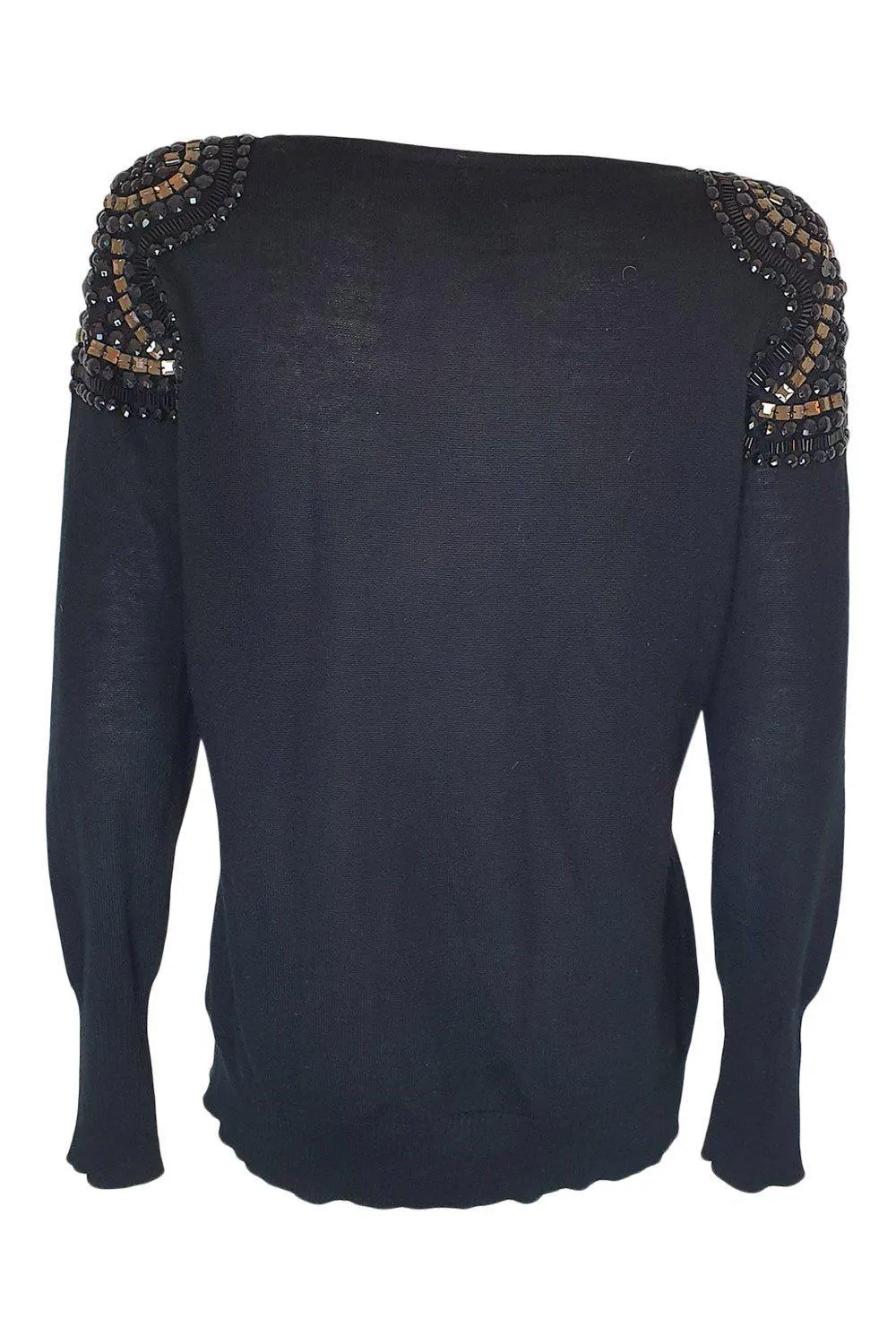 MADELEINE Black Virgin Wool Beaded Shoulder Long Sleeve Jumper (UK 14)