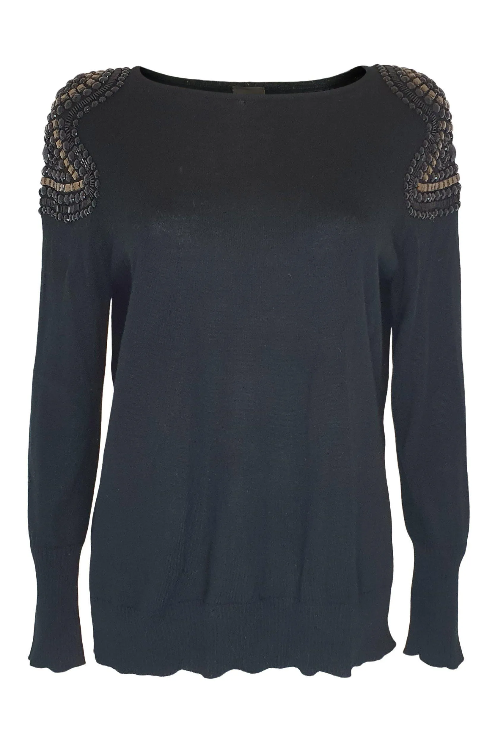 MADELEINE Black Virgin Wool Beaded Shoulder Long Sleeve Jumper (UK 14)