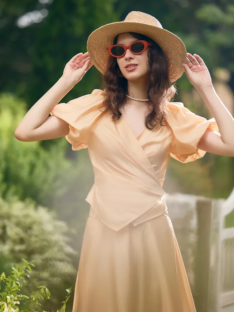 Puff Sleeves Wrapped Top And Skirt With Bottomed Camisole Three-Piece Set